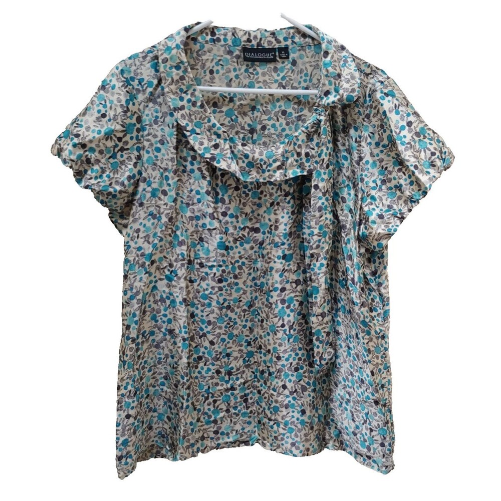Dialogue Womens Silk Top XL Floral Blouse Short Sleeve Tie Neck Career Blue Gray